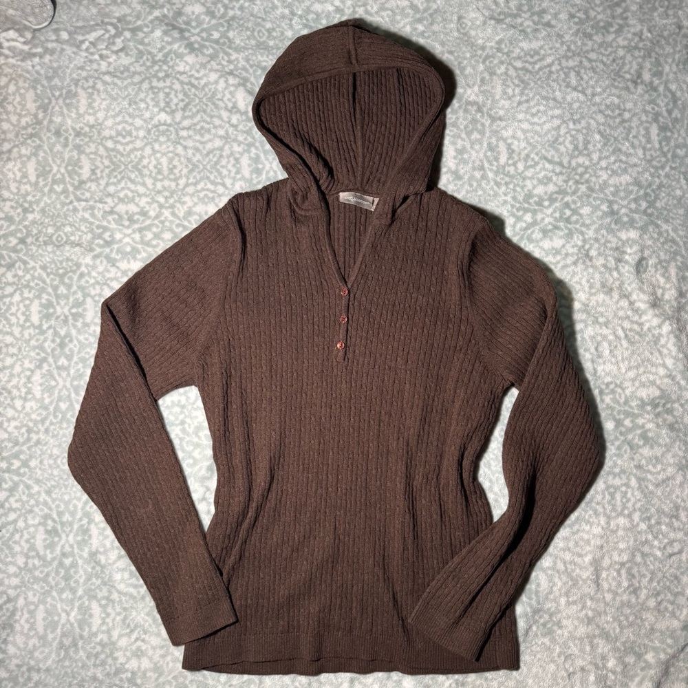 Croft & Barrow Chocolate Brown Cable Knit Hooded Sweater Henley Women’s XL